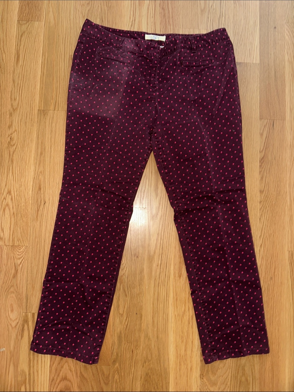 LOFT Burgundy Straight-Leg Pants with Pink Dot Print
